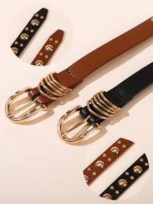 1pc Gold Mushroom Stud Embellished Solid Color Punk PU Leather Fashion Belt For Women