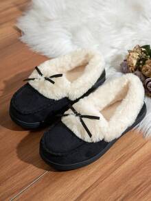 Pantufas de espuma viscoelástica de alta densidade, forro de pelúcia para uso interno no inverno, decoração com laço, antiderrapantes, pantufas femininas, presente de Natal - Preto - Ver 5