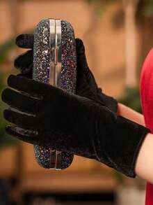 带山茶花图案的黑色天鹅绒手套，适合女士茶会服装/婚宴礼服、万圣节服装手套、圣诞节手套、特殊场合 1920 年代服装晚间歌剧手套 - 黑色 - 查看 6