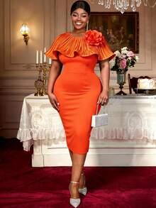 Plus Size Fitted Knee-Length Dress In Burnt Orange, Featuring Draped 3D Rose Floral Details, Sleeveless Round Neck, Medium Stretch Knit Fabric, New Year Edition