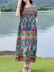 FANMUER Váy đi biển mùa hè họa tiết hoa Bohemian thanh lịch giản dị dành cho nữ - Đen và xanh lá cây - Xem 5