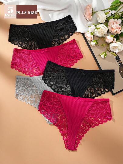 5 Pcs Plus Size Panties Bowknot Decor Sheer Lace Trim Thong Women's Comfort Breathable Fashion Underwear