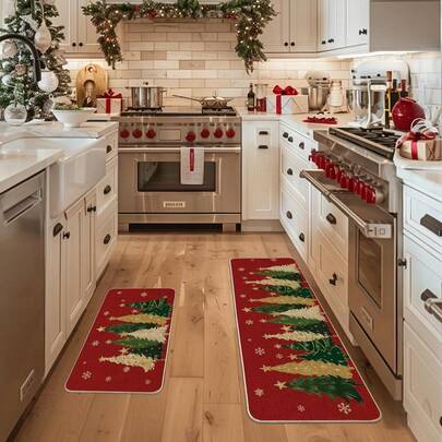 2PCS Red Snowflake Christmas Tree Kitchen Mat Set, Subtle Winter Home Decoration Kitchen Floor Mat
