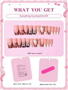 Sanrio Uñas postizas francesas 3D de Hello Kitty de Sanrio, 24 piezas de tamaño mediano con diseño de estampado de leopardo - Decoración 3D adorable de Hello Kitty, flores y lazos con rhinestones, set perfecto de uñas acrílicas falsas, incluye 1 pieza de pegamento de gelatina y 1 pieza de lima de uñas, adecuado para uso diario, fiestas y reuniones de mujeres y niñas