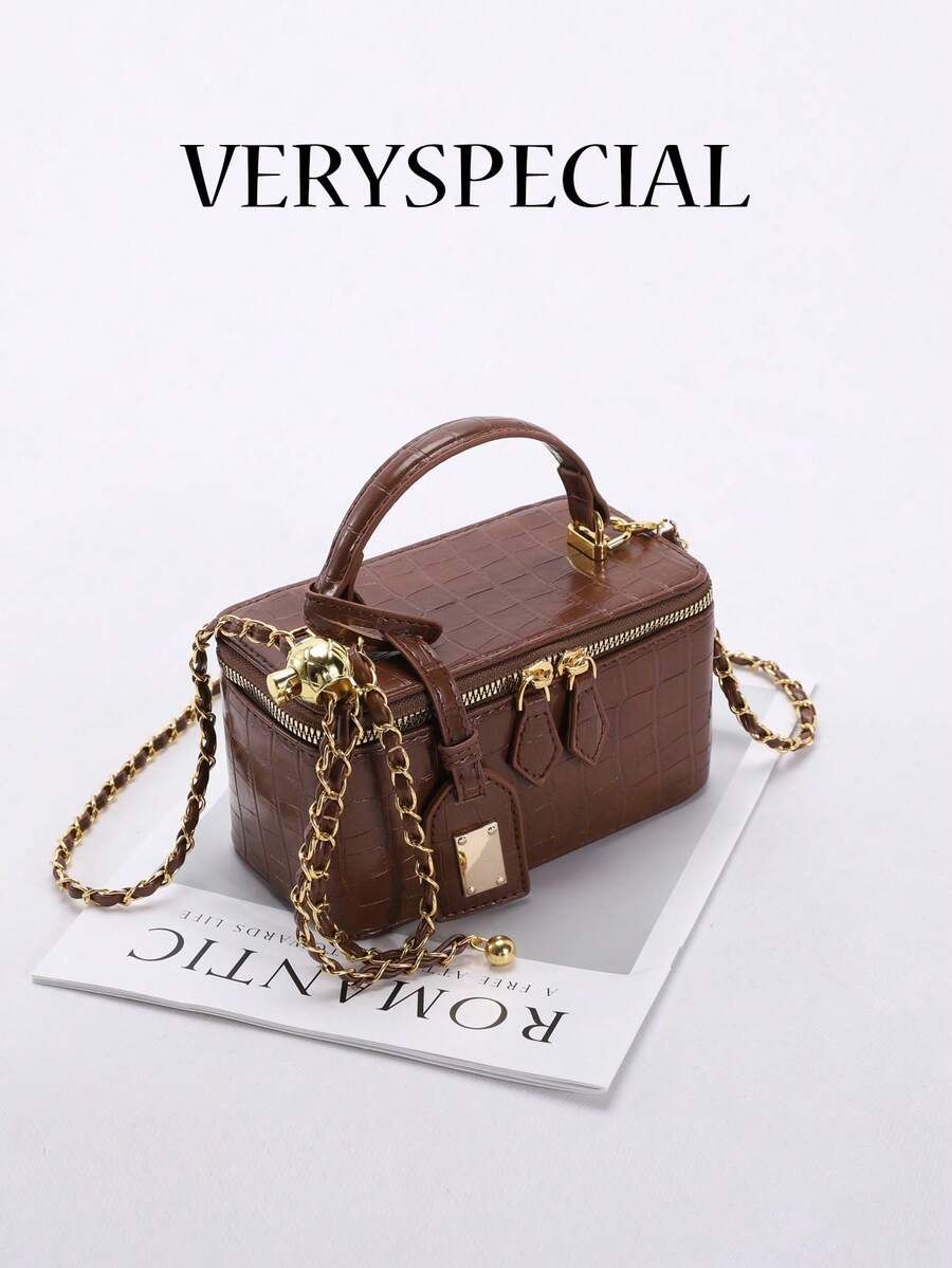 1pc High-End Coffee Crocodile Embossed Zipper Small Square Bag, Fashionable PU Quilted Diamond Stitching Box Bag, Versatile Zipper Small Square Bag, Women's Handbag With Chain Shoulder Strap