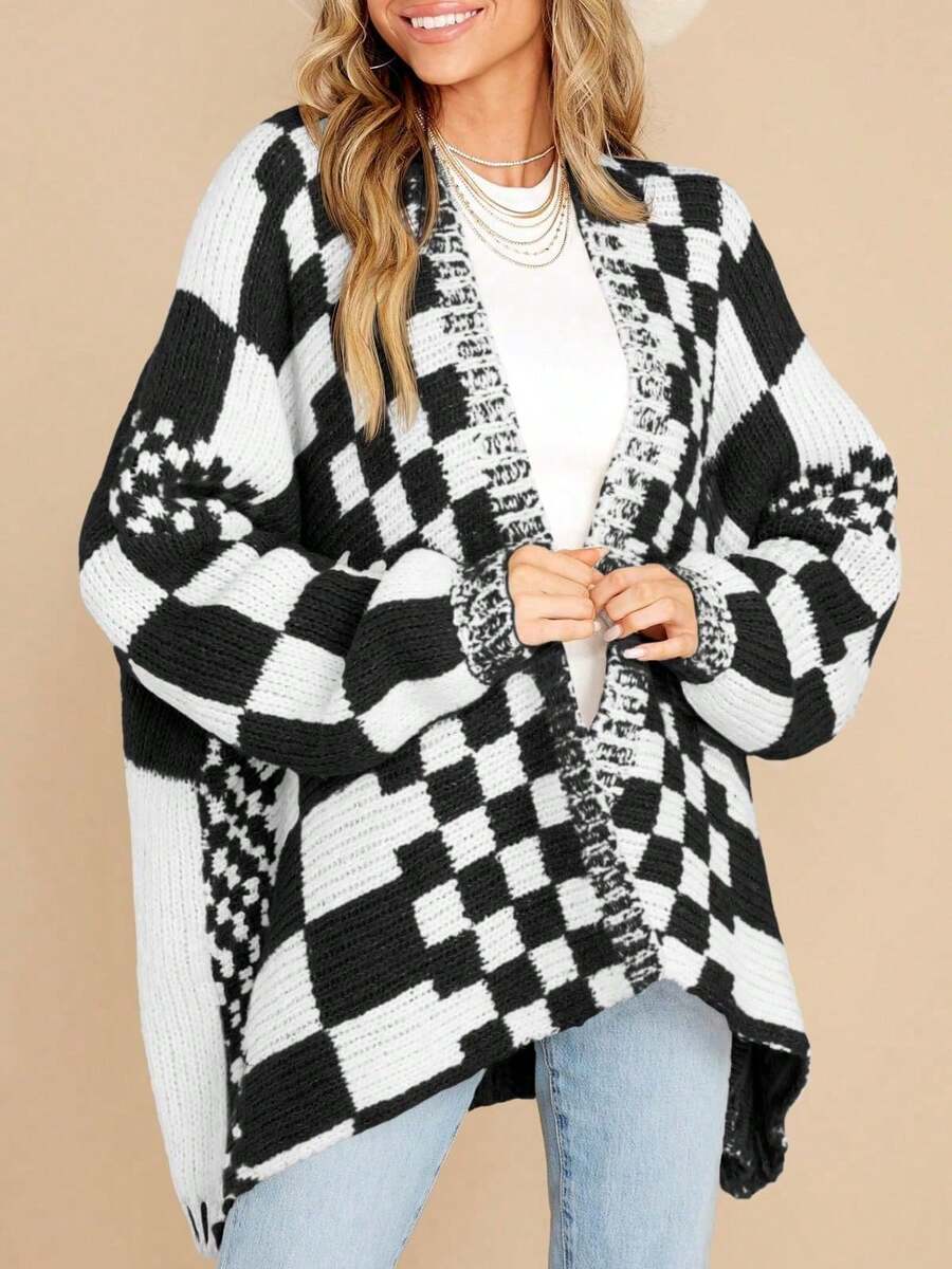 Womens Checkered Color Block Plaid Cardigan Oversized Knit Sweater Open Front Long Sleeve Coat - 黑與白 - 查看 1