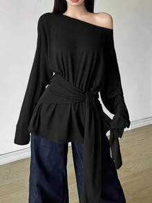 Women's Fashion Black Knit Long Sleeve Top, Asymmetric Hem, Tie-Front Design - Black - View 8