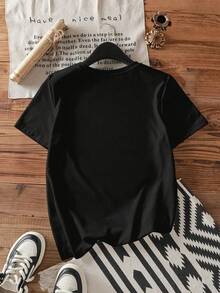 1 camiseta gráfica con estampado digital para mujer letras, camuflaje, urbano, contraste Camiseta casual de cuello redondo y manga corta. Camiseta de algodón ligera para las cuatro estaciones, lavable a máquina, no lavar en seco. - Negro - Ver 2