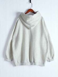 Slogan Pattern Drop Shoulder Oversized Drawstring Hoodie,Three Quarter Sleeve Tops - Light Grey - View 2