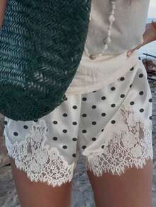 Women Y2k Satin Silk Lace Trim Shorts Polka Dot Lace Floral Patchwork Silky Slip Shorts Comfy Pajamas Bottoms Satin Pettipants French Knickers Casual Lounge Pj Silk Shorts - trắng - Xem 2
