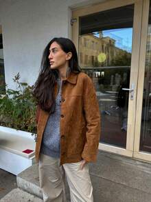 女式绒面革长袖单排扣休闲夹克 - 棕色 - 查看 3