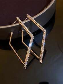 1 par de pendientes de lujo con diseño versátil y con forma de rombo con cristales para mujeres - Dorado - Ver 3