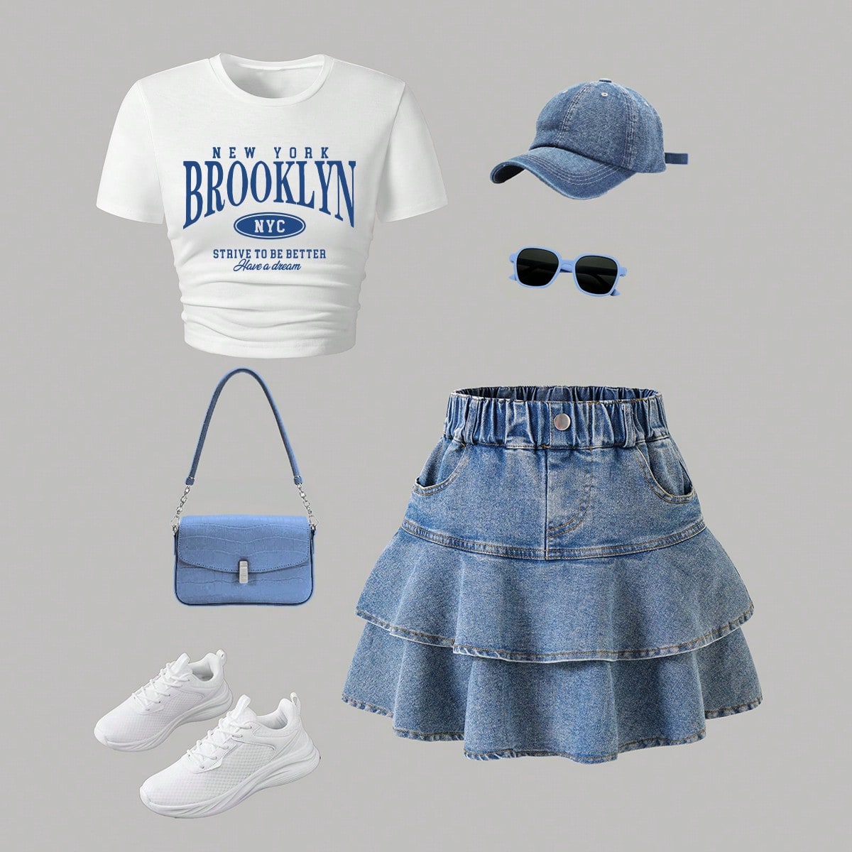 Conjunto de blusa de manga corta con decoración de moño y falda de mezclilla para niñas pequeñas