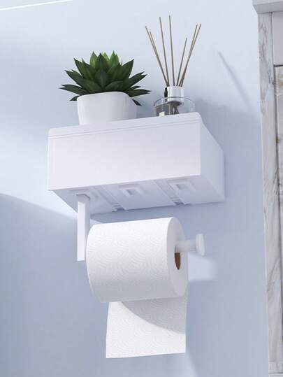 1pc No Drill Wall-Mounted Toilet Paper Holder With Shelf & Wet Wipe Storage Box - Heavy-Duty Plastic, White Bathroom Shelf, Space-Saving Adhesive Backing (No Screws/Holes) For Toilet Paper, Wipes, Phone Holder, Wipes -