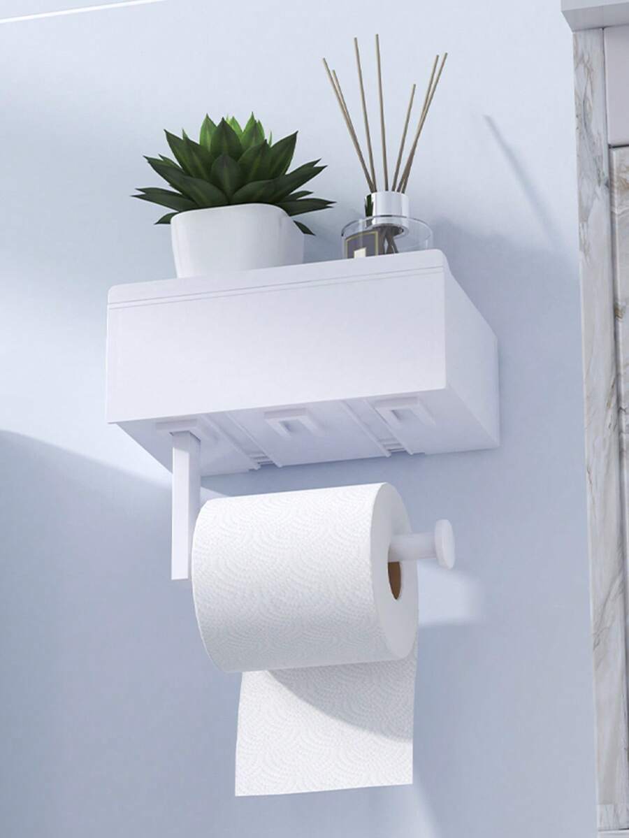 1pc No Drill Wall-Mounted Toilet Paper Holder With Shelf & Wet Wipe Storage Box - Heavy-Duty Plastic, White Bathroom Shelf, Space-Saving Adhesive Backing (No Screws/Holes) For Toilet Paper, Wipes, Phone Holder, Wipes -