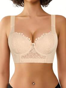 Hersunei Bộ đồ lót ren màu be gợi cảm Peach Girl, áo ngực nâng ngực cho nữ, áo ngực thoải mái giúp ngăn ngừa chảy xệ. - Màu be - Xem 7