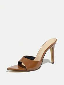 女士高跟镜面穆勒鞋，经典春夏设计，适合夜店、度假村、派对、宴会、户外、街头、T台、居家及休闲场合。鞋款特色包括：束腰带、尖头、性感露趾、纤细高跟、高品质镜面材质，时尚优雅，百搭，棕色。 - 棕色 - 查看 5