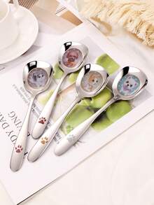 1pc Stainless Steel Flat Head Large Soup Spoon With Cute Cat & Dog Pattern, Household Dining Spoon