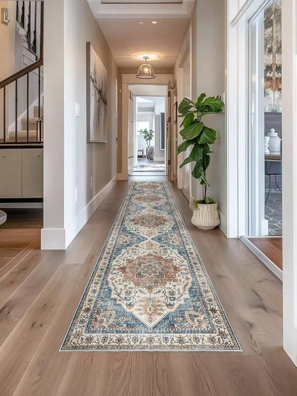 1 pieza Alfombra azul, estilo bohemio, alfombra de pasillo, 850g/m² lavable a máquina, decoración del hogar, sala de estar, cocinas, pasillos, dormitorio, comedor, oficina, para todas las estaciones