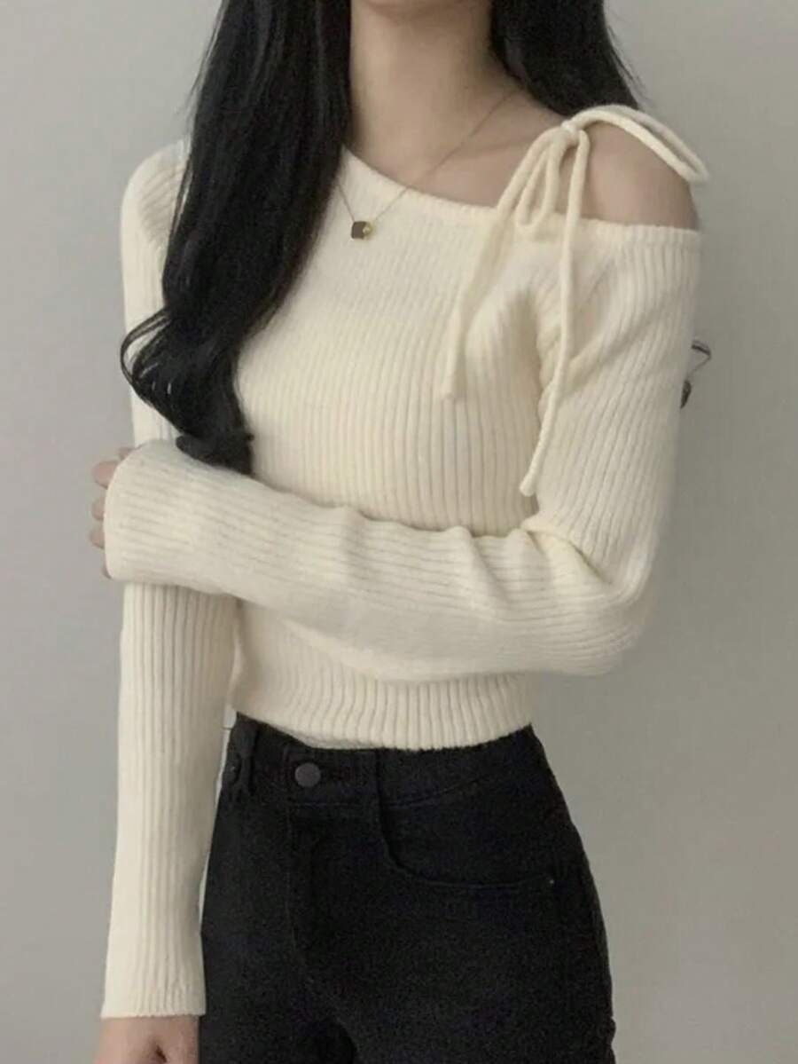 露肩不对称露肩系带蝴蝶结设计百搭针织毛衣，女士 - 米色 - 查看 1