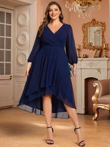 大码女士雪纺A字秋冬婚礼宾客礼服，不对称下摆V领长袖褶皱中长款正式连衣裙 - 藏蓝色 - 查看 8