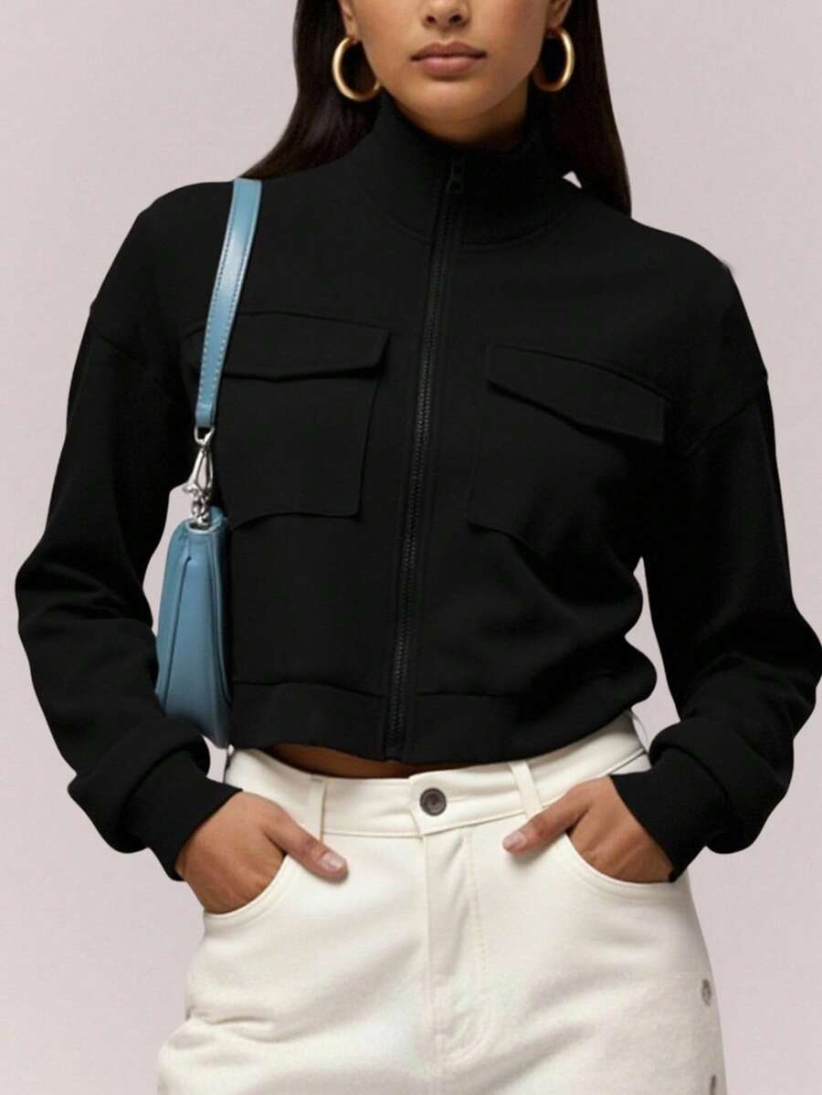 Women's Autumn/Winter Jacket, Thermal Lined Thickened, Minimalist High Collar Zipper Short Design, Multi-Pocket, Suitable For Outdoor Sports, Hiking, Walking, Running - Black - View 1