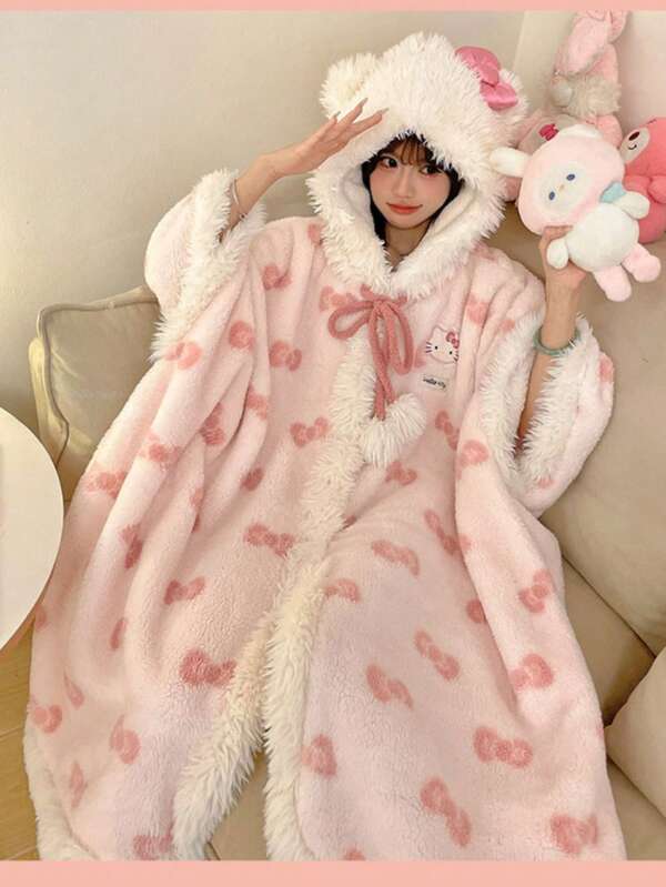 Sanrio Accappatoio in velluto corallo Hellokitty, pigiama da donna, invernale e imbottito, rosa dolce, mantella carina, abbigliamento da casa, mantella calda a cartone animato, coperta per aria condizionata, regalo di compleanno per la tua ragazza, regalo di San Valentino
