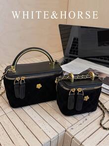 编织纹理手提包女士，Y 链带方形斜挎包，百搭海滩度假包，春夏 - 黑色 - 查看 2