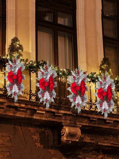 1pc Artificial Christmas Teardrop Christmas Garland (Lights And Garland Separate) With Red Bow And Lights, Artificial Braided Christmas Large Garland Ornaments, Front Door Decoration, Outdoor Decoration, Porch Decoration, Scene Decoration, Home Decoration, Christmas Decoration Supplies, Holiday Decoration Supplies