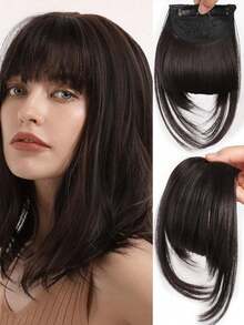 Perucă cu clips cu breton francez 1 buc, perucă sintetică densă și naturală, păr drept cu perciunii, potrivită pentru femei blonde, 15 cm, cu agrafă de păr, agrafă de păr, agrafă de păr