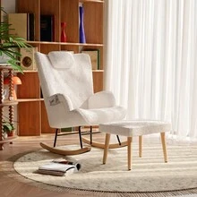 Caluself Schaukelstuhl mit Hocker lesesessel Schaukelsessel wohnzimmer,Aus Teddyplüsch bis 136 kg mit Kopfstütze,Seitentaschen und Fußstütze Lounge Chair fürs Wohnzimmer Schlafzimmer Balk - Weiss - Übersicht 1
