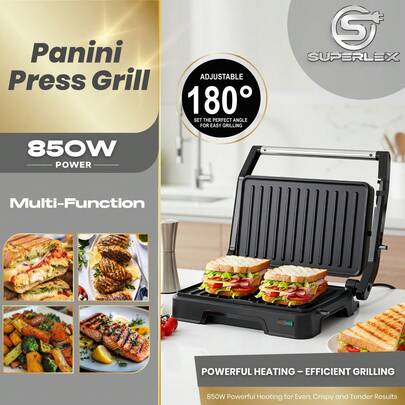 SUPERLEX 2-In-1 Panini Grill, Delicious Sandwich Maker, Electric Indoor Grill With Easy-Clean Coated Non-Stick Cooking Plate For Easy Cleaning, Stainless Steel Griller, Electric Grill With Precise Temperature Control System, Anti-Scalding Handle, Suitable For Making Sandwiches, Steaks, Seafood, And Grilled Meats, 1000W