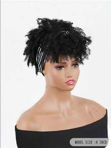 Curly Wigs For Women, Headband Wigs With Bangs, Synthetic Short Afro Kinky Curly Wig With Headband Attached, Drawstring High Afro Puff Brown Curly Wig Turban - 黑色 - 查看 3