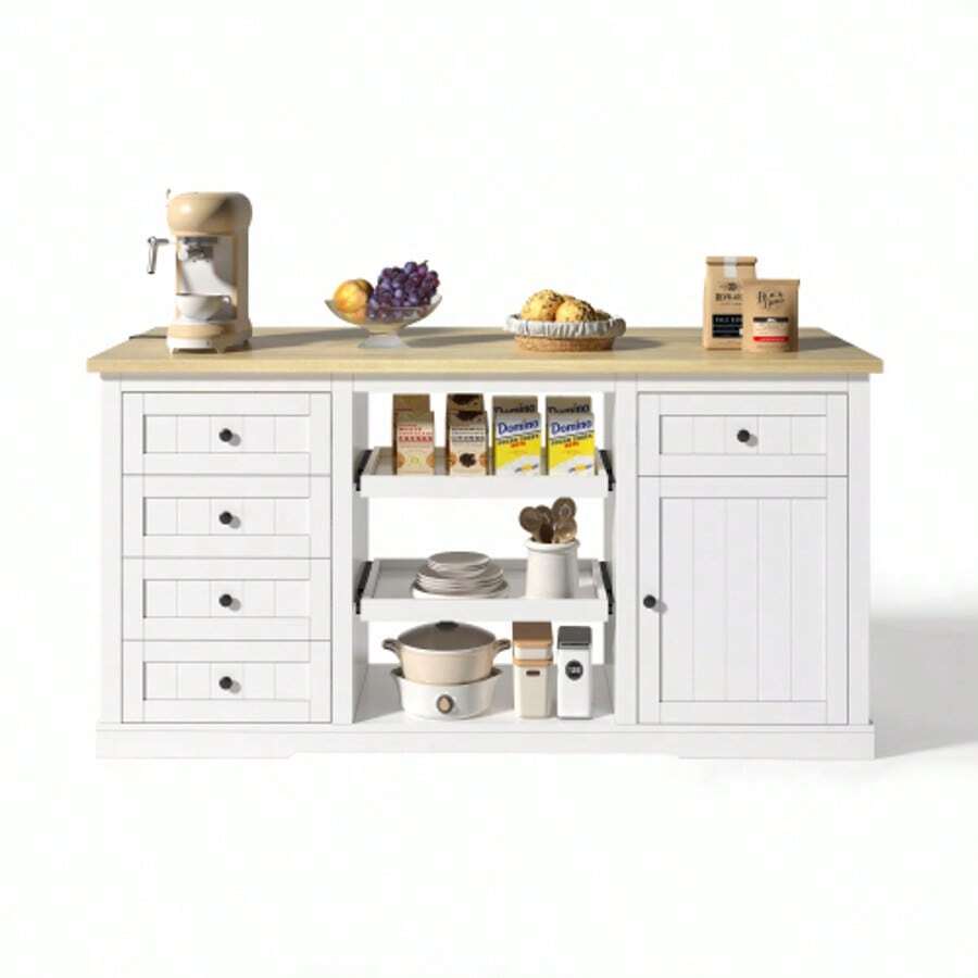 Sideboard, Kitchen Island, Bar Cabinet With 5 Drawers, 2 Pull-Out Shelves, Foldable Extension Panel, And Integrated Power Outlets, For Kitchen, Dining Room, And Living Room, White, 150*65*75 Cm - White - View 1