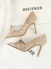 European & American Style Bowknot, Sequin, Lace Mesh Pointed Toe Thin Heel High Heel Pumps, Women's Party Shoes,Stilettos Heels - Champagne - View 6