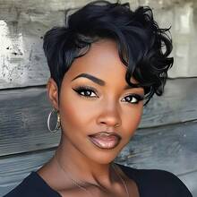 Short Pixie Cut Wig Human Hair 6 Inch 150% Density 13x4x1 Lace Wig For Women Curly Wave Human Hair Brazilian Remy Hair Suitable For Daily Wear 1B Color Casual Elegant Preppy Business Modest Romantic Glamorous Vintage Street Sporty Cute Royal Simple Vacation Daily Holiday Music Festival Mother's Day Carnival Valentine's Day Halloween All Saints' Day Christmas Day Cosplay Spring Summer Autumn Winter Local Warehouse Wear And GO New Product Discounts Wigs For Women - Natural Black - View 3