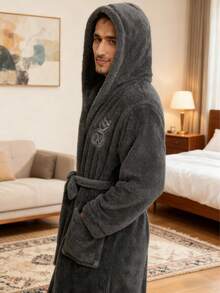 男士长款睡袍，加厚珊瑚绒，韩版，秋冬睡衣 - 深灰色 - 查看 4