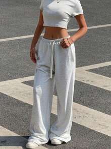 Women's Solid Color Outdoor Sports Pants, Elastic Waistband, Drawstring Waist Design, Versatile Minimalist Shorts