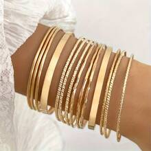 31/14/7pcs Women Vintage Bangle Set, Gold-ToneAsymmetricalr Floral Pattern Smooth Plain Cuff Bracelet Set, Elegant For Date, Holiday, Daily Outfit, Party, Anniversary Gift - Yellow Gold - View 4