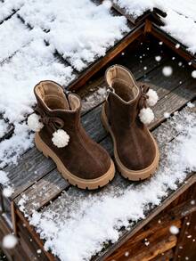 Girls' Boots, Children's Boots, Girls' Suede Ankle Boots, Cute Pom Pom Decor, Warm And Comfortable, Fashionable And Easy To Wear. Girls' School Shoes (Bow Decor In Two Styles, Randomly Shipped) - Brown - View 3