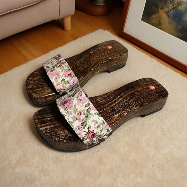 Blumenmuster Stoff rosa bunte frische Blumen Damen Holz Clogs Pantoffeln, Holzschuhe, chinesischer Stil Lässig Hausschuhe, geeignet für Alltag, Urlaub, alle Jahreszeiten Frühling, Sommer, Herbst, Winter, Damen Holzpantoffeln, Kimono Stil Damen Pantoffeln, Damen Sandalen