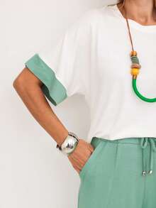 Women's Set, Wide Leg Pants, Two-Tone Sleeve Blouse, Loose, Elegant - Water Green - View 3