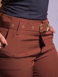 Women's Tailored Trousers With Elegant Buckle Belt And Pocket, Skinny High Waist - 鏽棕色 - 查看 3