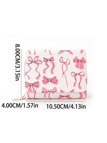 1Pc Kids Mini Wallet With Pink Ribbon Bow Design, PU Leather Trifold Wallet For Girls With Zipper Coin Pouch And Card Slots, Portable And Stylish Small Purse For Daily Outings Or Gifts