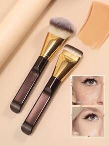 2pcs Makeup Brushes Set, 1pc Ultra-Fine Bristle Brush Designed For Light Makeup Application, 1pc Angled Brush Head For Face Contouring. This Multi-Functional Makeup Tool Is Also A Travel Essential Beauty Item. It Can Be Used As Foundation Brush, Concealer Brush, Blush Brush, Contour Brush, Powder Brush, Etc. - Gold - View 4