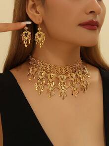 3 件套复古奢华空心心形项链和耳环套装，适合女士，适合派对、庆典、送礼、日常佩戴 - 金黃色 - 查看 7