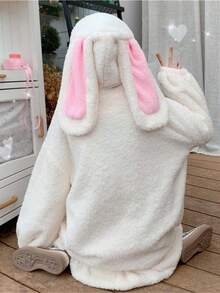 Kawaii Y2K Bunny Ear Hoodies For Women Fleece Lined Fuzzy Rabbit Anime Cosplay Sweatshirt Cute Jacket Coat, Thanksgiving Outfit - 白色 - 查看 1