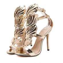 2025 Summer European And American Celebrity Style Luxury Metal Wings Decoration Leather Upper Open Toe Stiletto High Heel Sandals For Women
