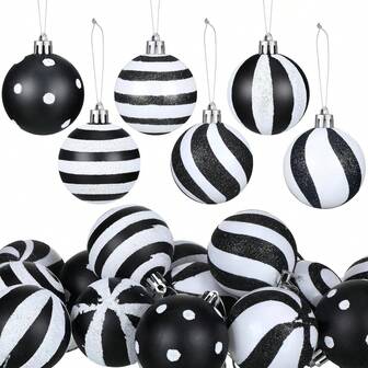 New 6cm/24pcs Black & White Simple Handpainted Christmas Ball Ornament Set, Christmas Tree Hanging Decorations For Party, Hotel, Christmas Tree