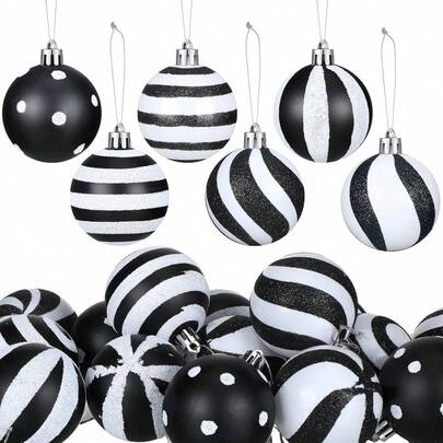 New 6cm/24pcs Black & White Simple Handpainted Christmas Ball Ornament Set, Christmas Tree Hanging Decorations For Party, Hotel, Christmas Tree